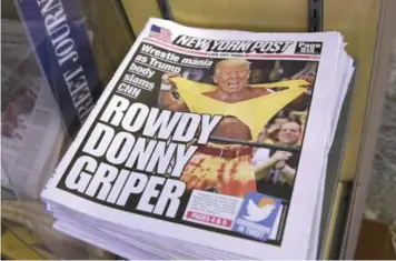  ?? RICHARD DREW/THE ASSOCIATED PRESS ?? U.S. President Donald Trump tweeted a video of him punching a man with his face obscured by the CNN logo, which set the media into a frenzy. The original video was from his brief stint with WWE, owned by friend Vince McMahon.