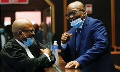  ??  ?? Jacob Zuma speaks with a member of his legal team at the high court in Pietermari­tzburg, South Africa, on Monday. Photograph: Rogan Ward/Reuters