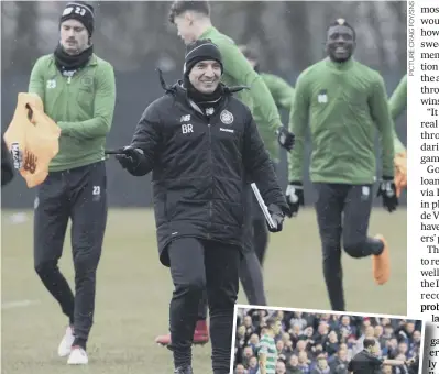  ??  ?? Celtic manager Brendan Rodgers, training with his first team yesterday, has praised his players for dominating matches even with only 10 men. Inset, Jozo Simunovic gets his marching orders at Ibrox.