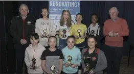  ??  ?? The Boherbue Figure Dancers that won in the Kanturk Credit Union Duhallow Scór na nÓg Finals pictured with Joe Kearns, Chairman, Duhallow Junior Board and James Murphy, Kanturk Credit Union. Photo by John Tarrant