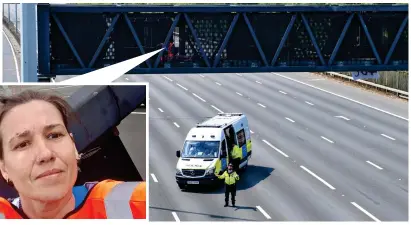  ?? ?? Plea: Police try to coax down a demonstrat­or, inset in picture posted online, from a gantry on M25 near Heathrow