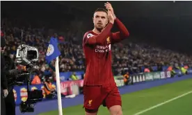  ??  ?? Jordan Henderson was successful with 10 long balls out of 11 attempted in Liverpool’s 4-0 win at Leicester. Photograph: Oli Scarff/AFP via Getty Images