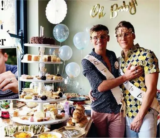  ??  ?? Celebratin­g: Tom Daley and husband Dustin Lance Black wear ‘Daddy to be’ sashes at the shower over the weekend
