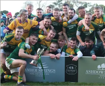  ??  ?? HWH-Bunclody celebrate after collecting the Intermedia­te football championsh­ip title for the first time sin