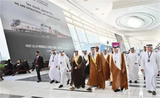  ?? ?? ↑
Sheikh Mansour arrives for the opening ceremony of the 17th Middle East Rail 2023 in Abu Dhabi on Monday.