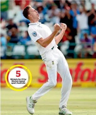  ?? AFP ?? South African bowler Morne Morkel celebrates the dismissal of Australian batsman Pat Cummins during the fourth day of the third Test at Newlands Cricket Ground in Cape Town on Sunday. —