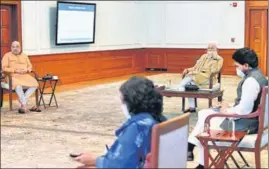  ?? ANI ?? ■
PM Narendra Modi flanked by Union home minister Amit Shah and minister of state for finance and corporate affairs Anurag Thakur during a high-level meeting held in New Delhi on Saturday.