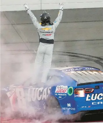  ?? JAE C. HONG/AP ?? Two-time NASCAR Cup champion Kyle Busch celebrates after winning Sunday’s race in Fontana, California.