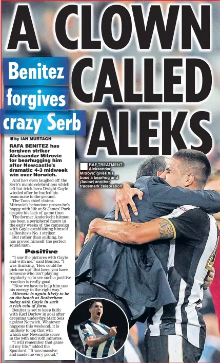  ??  ?? RAF TREATMENT: Aleksandar Mitrovic gives his boss a bearhug and (below) another trademark celebratio­n