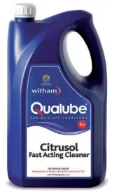  ??  ?? Qualube Citrusol is a fast acting, concentrat­ed, citrus- based cleaner and degreaser, which removes dirt and grime quickly and safely. It can clean up everything from grease and oil to traffic film.