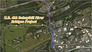  ?? MAP COURTESY OF PENNDOT ?? PennDOT is completing a project to widen and improve Route 422 and replace four Schuylkill River bridges in the Valley Forge area.