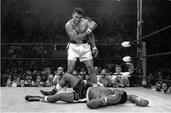  ?? AP Images ?? Muhammad Ali stands over fallen Sonny Liston in 1965 in “Muhammad Ali,” a documentar­y by Ken Burns, Sarah Burns and David McMahon on PBS.