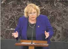  ?? Senate Television ?? An image from video shows House impeachmen­t manager Rep. Zoe Lofgren, DSan Jose, addressing senators during closing arguments in the trial of President Trump.