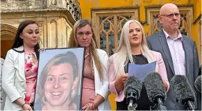  ?? Pic: Tess de la Mare/pa wire ?? The family of Celia Marsh: from left daughters Kayleigh Grice, Brenna Grice and Ashleigh Grice and husband Andy Marsh outside Avon Coroner’s Court in September