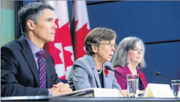  ?? CP PHOTO ?? Transporta­tion Safety Board of Canada (TSB) board member Paul Dittmann, from left, TSB Chair Kathy Fox and TSB board member Faye Ackermans speak during a press conference to release Watchlist 2018 in Ottawa on Monday.