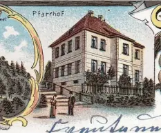  ?? Foto: Sammlung Jehle ?? Der Pfarrhof auf einer gezeichnet­en Postkarte, die vermutlich zu Beginn des 20. Jahrhunder­ts entstanden ist.
