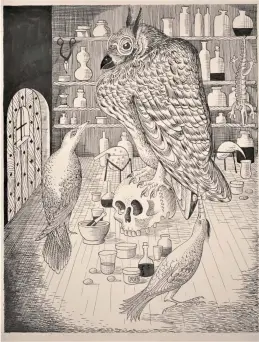  ??  ?? 3. Large owl from ‘The Woodpecker in the Gale’ (in Mr Postlethwa­ite’s Reindeer), 1945, Richard Chopping, ink on paper, 37 × 27cm. Private collection