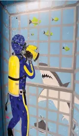  ?? Staff photo by Neil Abeles ?? ■ This shark is getting its picture made while the photograph­er is glad to be in jail. The walls of the basement children’s room of the Atlanta, Texas, Public Library are covered with murals depicting a fanciful undersea world