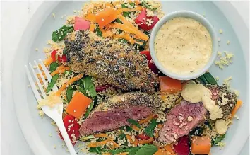  ??  ?? Lamb with a polenta crust, vegetable couscous and a lemon mayonnaise dressing.