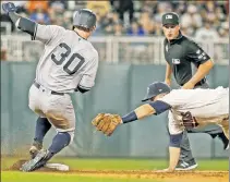  ?? AP ?? BEAT IT! Clint Frazier beats Brian Dozier’s tag for a double during the eighth inning of the Yankees’ 4-2 loss.