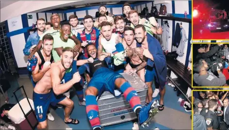  ??  ?? FELICIDAD LEVANTINIS­TA. La plantilla del Levante celebró por todo lo alto su triunfo en el Bernabéu.