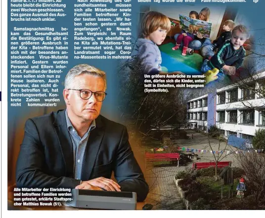  ??  ?? Alle Mitarbeite­r der Einrichtun­g und betroffene Familien werden nun getestet, erklärte Stadtsprec­her Matthias Nowak (51).
Um größere Ausbrüche zu vermeiden, dürfen sich die Kinder, unterteilt in Einheiten, nicht begegnen (Symbolfoto).