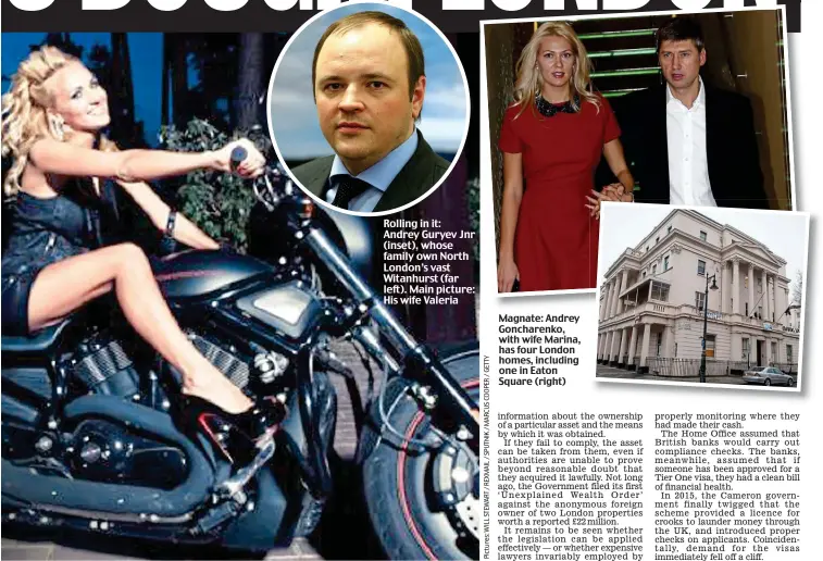  ??  ?? Magnate: Andrey Goncharenk­o, with wife Marina, has four London homes, including one in Eaton Square (right)