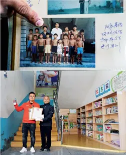  ??  ?? La photo du haut, prise en août 1998, est une photo de groupe avec Zhu Zhihui (2e rang en rouge) et Zeng Hanjin (1er rang en rouge). La photo du bas a été prise à l’École centrale de Matian le 11 novembre 2020. Zhu Zhihui (à d.) est à présent directeur et Zeng Hanjin, sous-directeur.