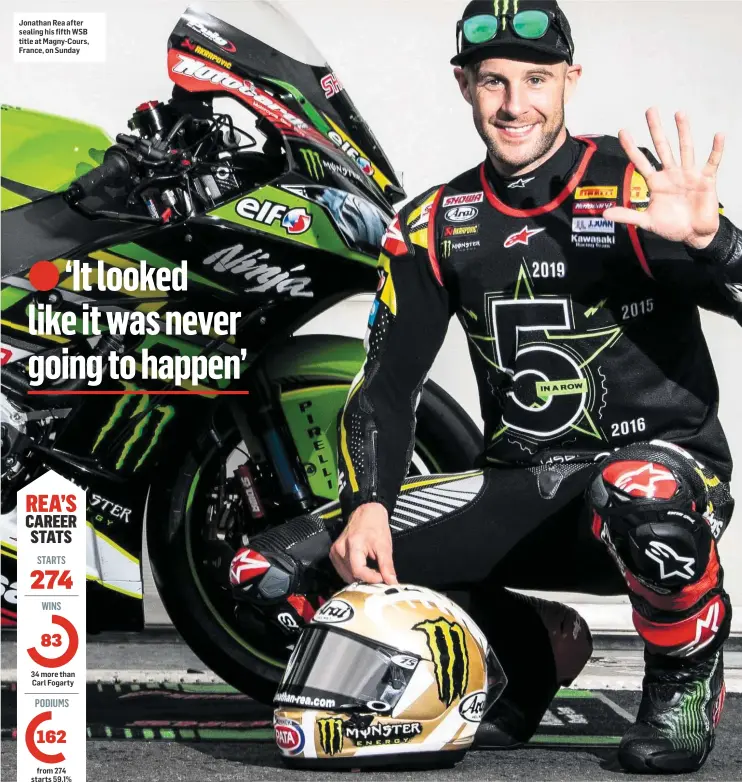  ??  ?? Jonathan Rea after sealing his fifth WSB title at Magny-Cours, France, on Sunday 34 more than Carl Fogarty from 274 starts 59.1%