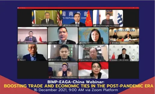  ?? ?? The webinar was jointly organized by the BIMP- EAGA national secretaria­ts and China’s Ministry of Commerce, supported by the BIMP- EAGA Facilitati­on Centre, and hosted by the Mindanao Developmen­t Authority.