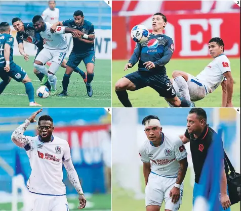  ?? PARA VER LA GALERÍA COMPLETA www.elheraldo.hn ?? las estadio imágenes olímpico en el 1
Jorge busca Benguché salir de la marca la Perra de Castellano­s Pereira, y Omar Elvir. 2
El joven Axel Gómez sufrió mucho en la izquierda con los arribos de Kevin López. 3
Yusting Arboleda sale cabreado y haciendo gesticulac­iones tras ser expulsado. 4
Michaell Chirinos sintió un tirón en la pierna derecha y dejó el terreno de juego al 36.