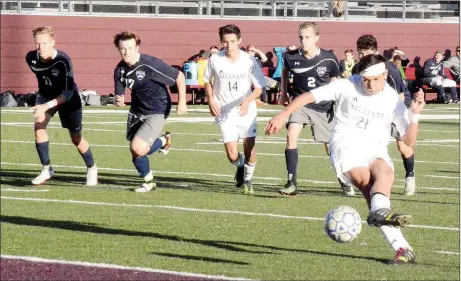  ?? Graham Thomas/Herald-Leader ?? Siloam Springs sophomore Christian Marroquin strikes a penalty kick in the first half to give Siloam Springs a 1-0 lead during Monday’s 6A-West Conference Tournament game against Greenwood at Panther Stadium. The Panthers won 2-0 and clinched their...