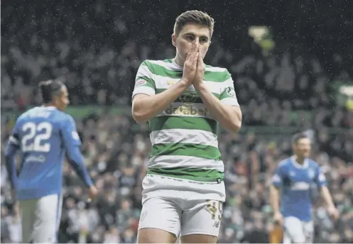  ??  ?? 0 James Forrest cuts a frustrated figure after missing a chance against Rangers in December. He has yet to score against the Ibrox side.