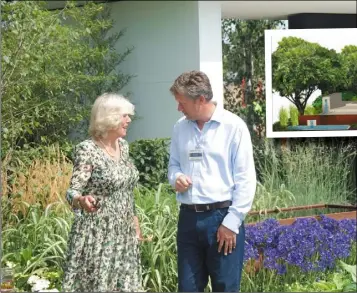  ??  ?? Paul Martin chats with the Duchess of Cornwall at the Hampton Court show and right his new garden design for the Chelsea Flower Show.