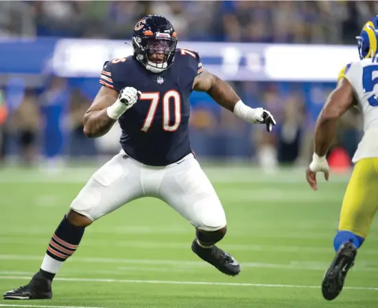  ?? KYUSUNG GONG/AP ?? The Bears might have to turn to Elijah Wilkinson (above) at left tackle if Jason Peters and Larry Borom are not able to play Sunday against the Bengals.