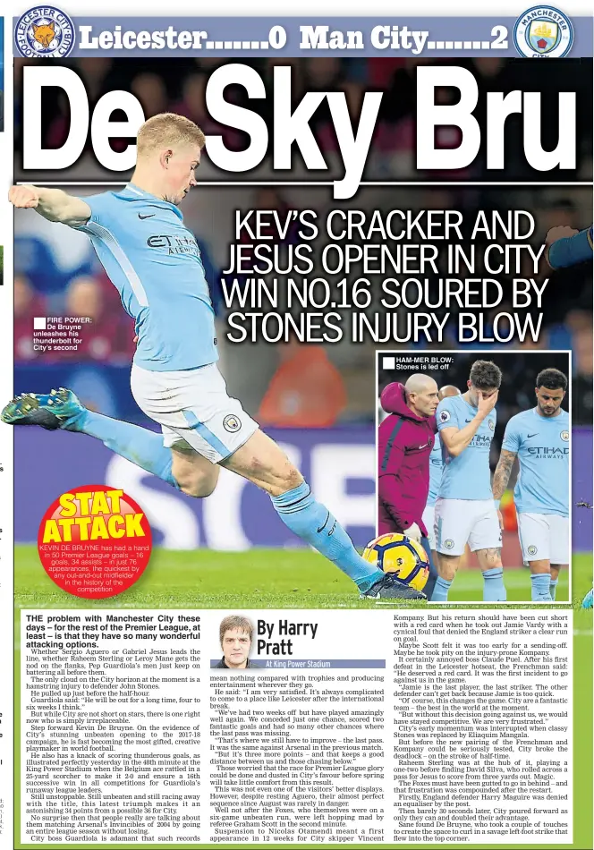  ??  ?? ■
FIRE POWER: De Bruyne unleashes his thunderbol­t for City’s second ■
HAM-MER BLOW: Stones is led off