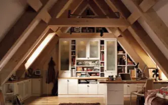  ??  ?? Above: Bespoke fitted furniture will make the most of the room available in your loft. This arrangemen­t from Neville Johnson shows a contempora­ry home office, with a variety of builtin cabinets that maximise on storage space