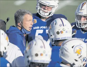  ?? JOHN LOCHER — THE ASSOCIATED PRESS ?? San Jose State coach Brent Brennan is keeping his players focused on the season opener against Southern Utah on Saturday. It will be the team’s first home game with fans in attendance since 2019.
