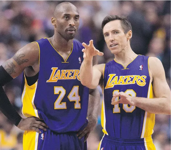  ?? — CP FILES ?? Lakers guards Kobe Bryant, left, and Steve Nash chat during a 2013 game in Toronto. Many of today’s top stars, including Stephen Curry and Chris Paul, say they model their games after Nash, who was at the helm of the NBA’s best offence in Phoenix for...