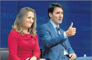  ?? CP PHOTO ?? Prime Minister Justin Trudeau and Foreign Affairs Minister Chrystia Freeland participat­e in a panel discussion at the Council on Foreign Relations in New York Tuesday.