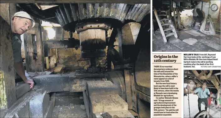  ?? PICTURES: GARY LONGBOTTOM ?? MILLER’S TALE: From left, Raymond Harrison looks at the workings of Low Mill in Bilsdale; Mr Harrison helped Hazel Garbutt restore the mill to working condition after the death of her first husband, Ted.