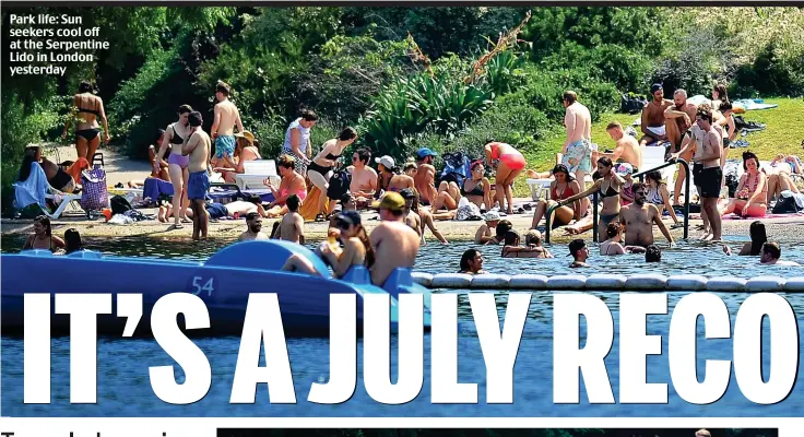  ??  ?? Park life: Sun seekers cool off at the Serpentine Lido in London yesterday