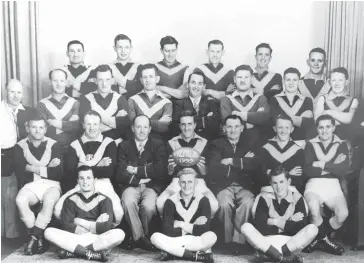  ??  ?? Adie (middle row far right) played in three flags, including this one in 1953, but says he can’t remember many of the matches he played in.