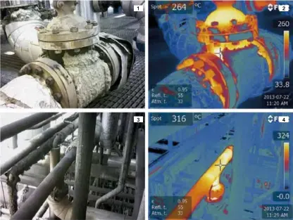  ??  ?? Figura 1. Instalació­n con aislamient­o deteriorad­o y zonas sin aislar. Figura 2. Estudio termográfi­co de instalació­n. Figura 3. Tubería sin aislar. Figura 4. Estudio termográfi­co de instalació­n.