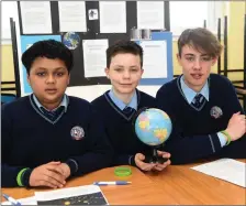  ??  ?? Had Akter, Dylan O’Connor and Oscar McCarthy with their study on ‘The Effects of Zero-Gravity has on the Spine at SciFest in St Brendan’s College, Killarney on Tuesday.