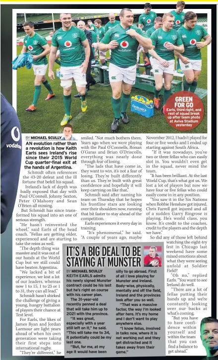  ??  ?? GREEN FOR GO Earls, third right, and rest of squad break up after team photo at Aviva Stadium yesterday