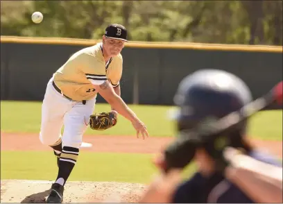  ?? PHOTOS BY MATT BATES — ENTERPRISE-RECORD ?? Butte College’s Logan Meyers fires a pitch against College of the Siskiyous on Saturday in Butte Valley.