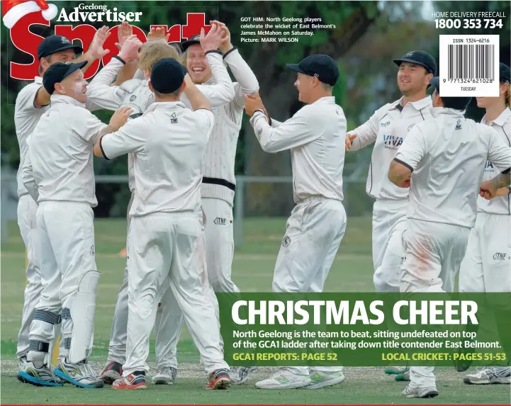  ??  ?? GOT HIM: North Geelong players celebrate the wicket of East Belmont's James McMahon on Saturday. Picture: MARK WILSON