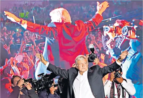  ??  ?? Andres Manuel López Obrador waves to supporters at his closing campaign rally in Mexico City. Above right, with Jeremy Corbyn, an old friend, on a visit to London