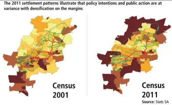  ??  ?? Figure 1 represents the change in population distributi­on in the Johannesbu­rg metropolit­an area based on the results of the 2001 and 2011 censuses.